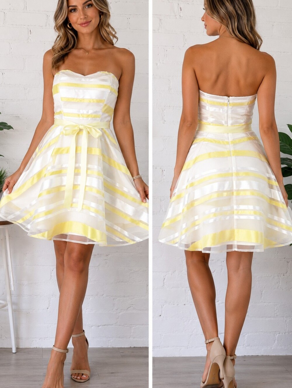 Papaya USA Strapless Fit & Flare Dress White Yellow Satin Stripe Bow Size M